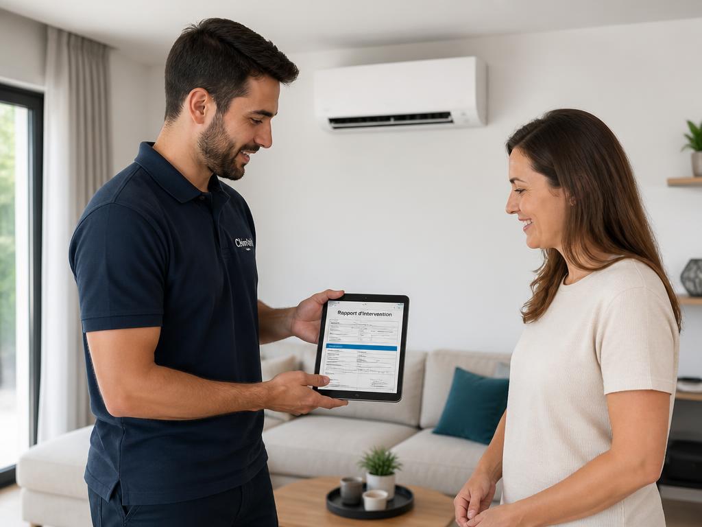Technicien GRAND AIR présentant le compte rendu d'intervention à une cliente