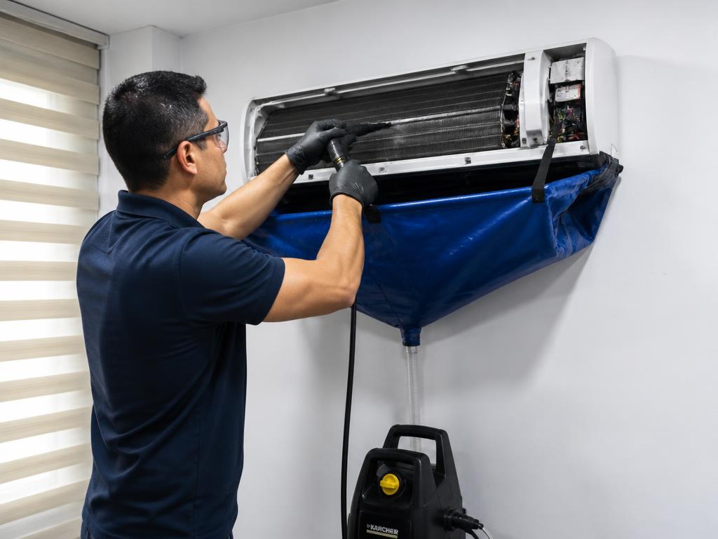Nettoyage approfondi d'une climatisation murale par un technicien GRAND AIR
